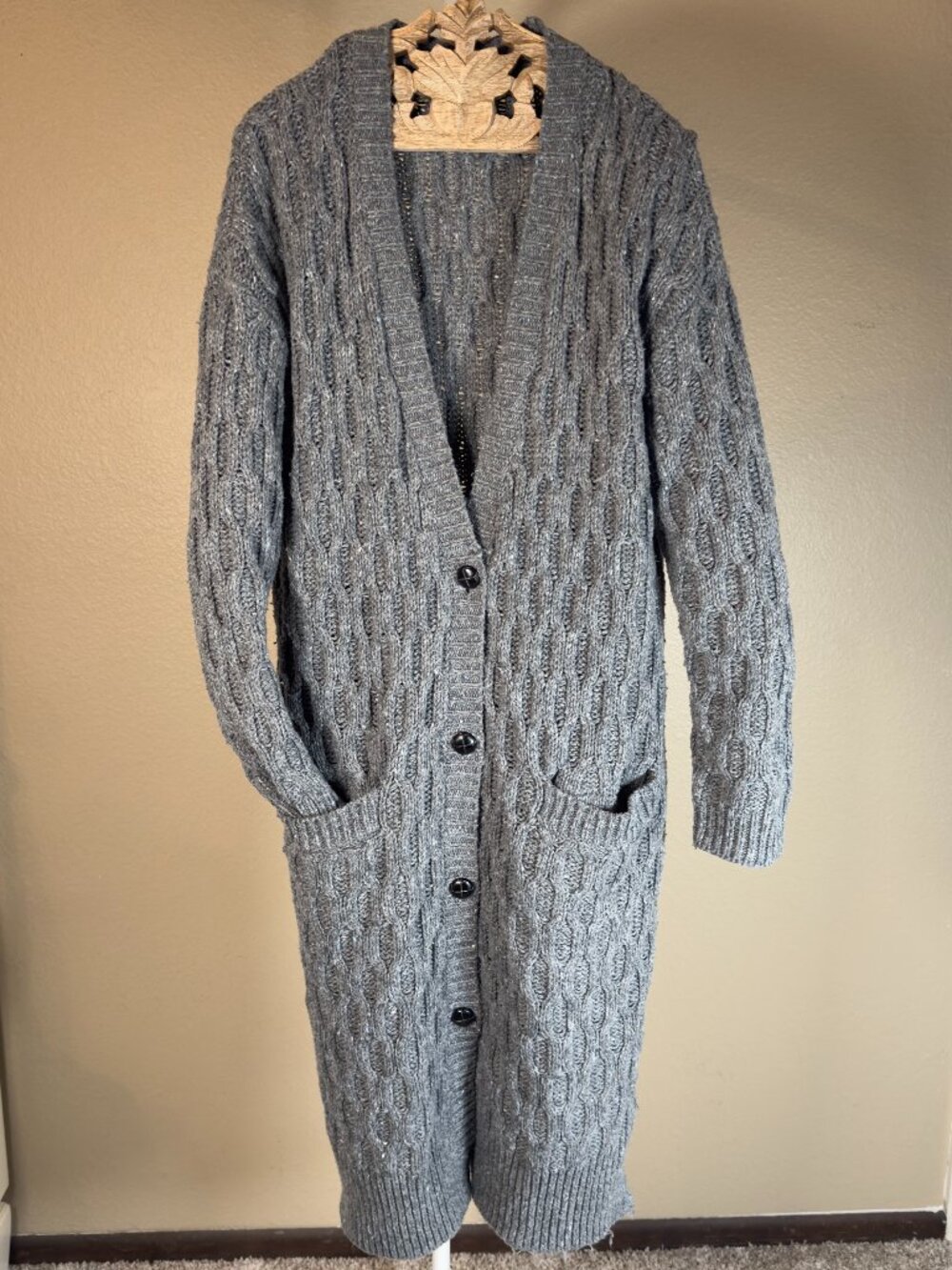 Vintage Cable Knit Long Duster Cardigan Sweater Faux Leather Buttons